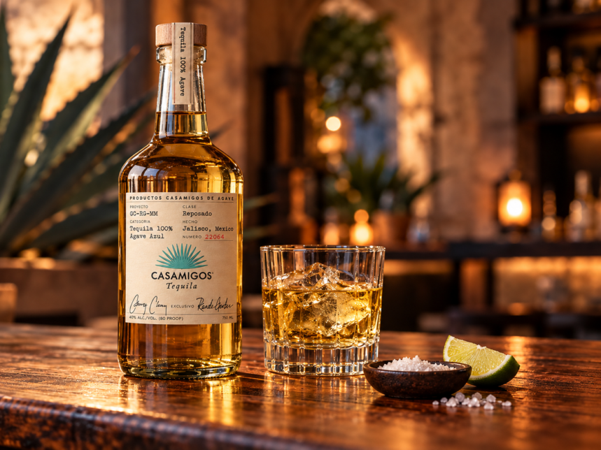 Casamigos Reposado tequila bottle beside a glass of tequila over ice, fresh lime, and salt on a rustic wooden bar